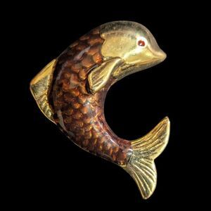 Gold Tone Enamel Koi Fish Pin Brooch Vintage With Red Eye Gold & Brown Colors